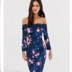 Off-Shoulder Navy Floral Long-Sleeve Sheath Dress